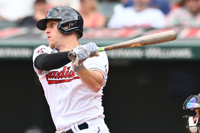 Aug 6, 2023; Cleveland, Ohio, USA; Cleveland Guardians center fielder Myles Straw (7) hits a single during the third inning against the Chicago White Sox at Progressive Field. Mandatory Credit: Ken Blaze-USA TODAY Sports